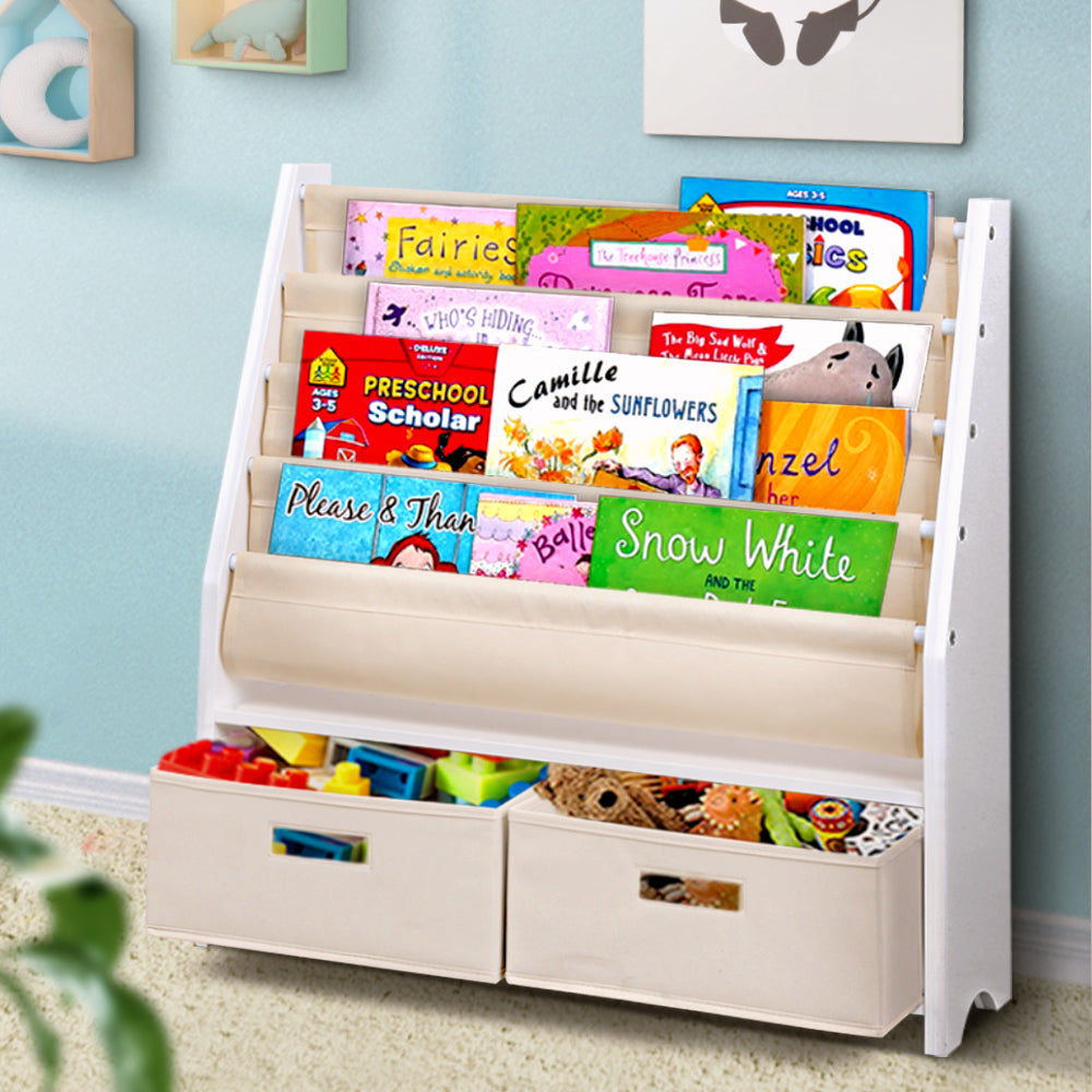 Kids Bookshelf with 4 Tiers and Storage Bins – White MDF Organiser