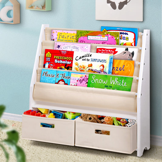 Kids Bookshelf with 4 Tiers and Storage Bins – White MDF Organiser