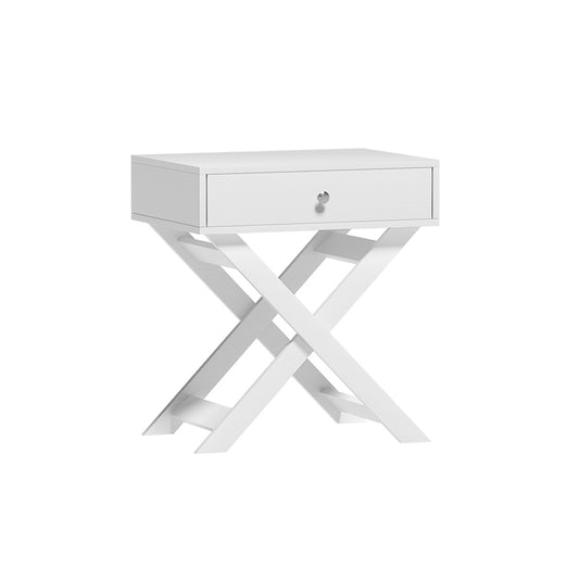 Bedside Table with Drawer – White Melamine Finish, Cross-Leg Design