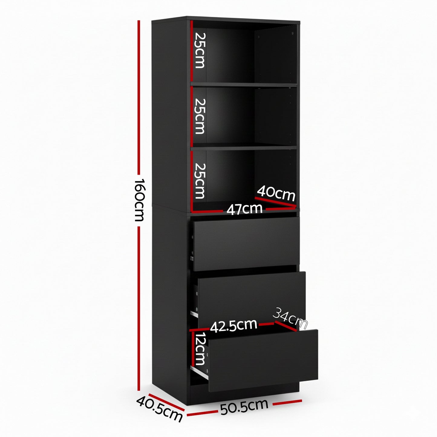 Chest of Drawers – 3 Drawers, Black Tallboy Cabinet