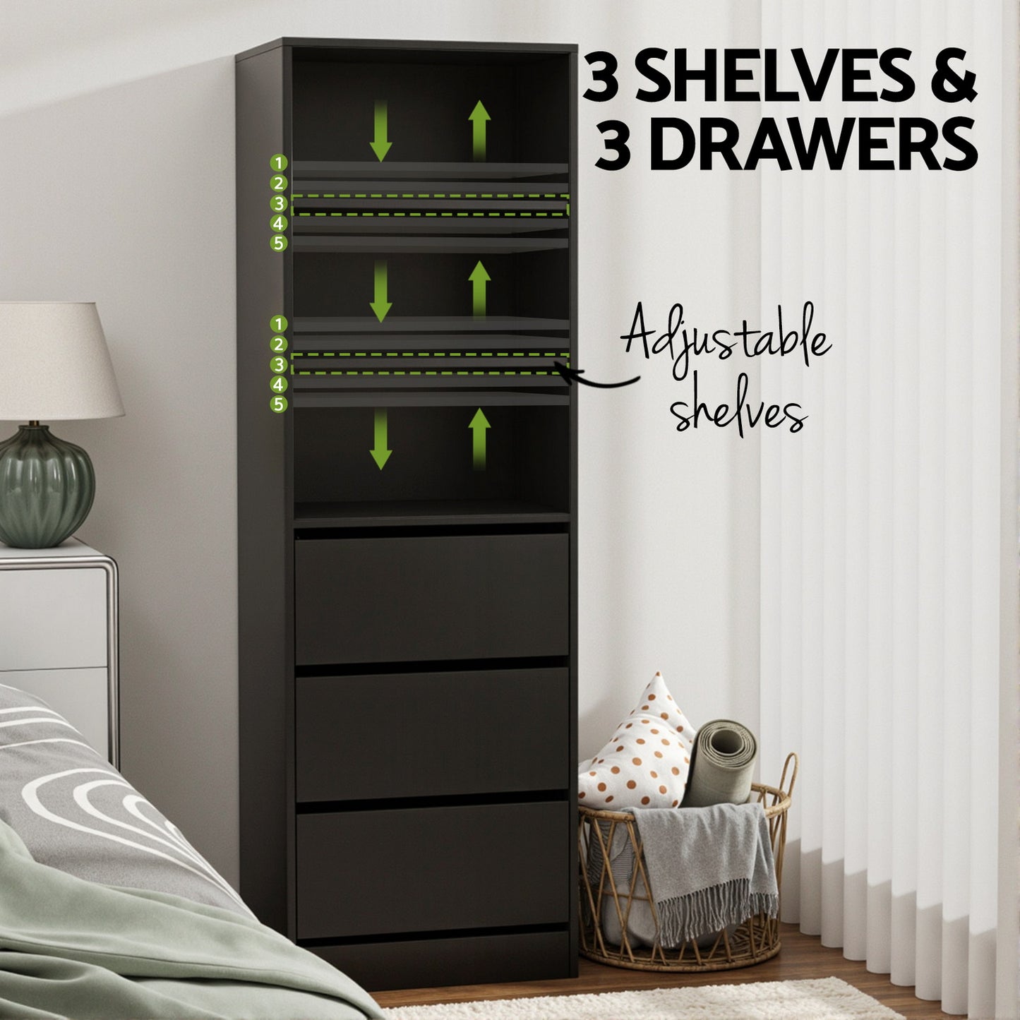 Chest of Drawers – 3 Drawers, Black Tallboy Cabinet