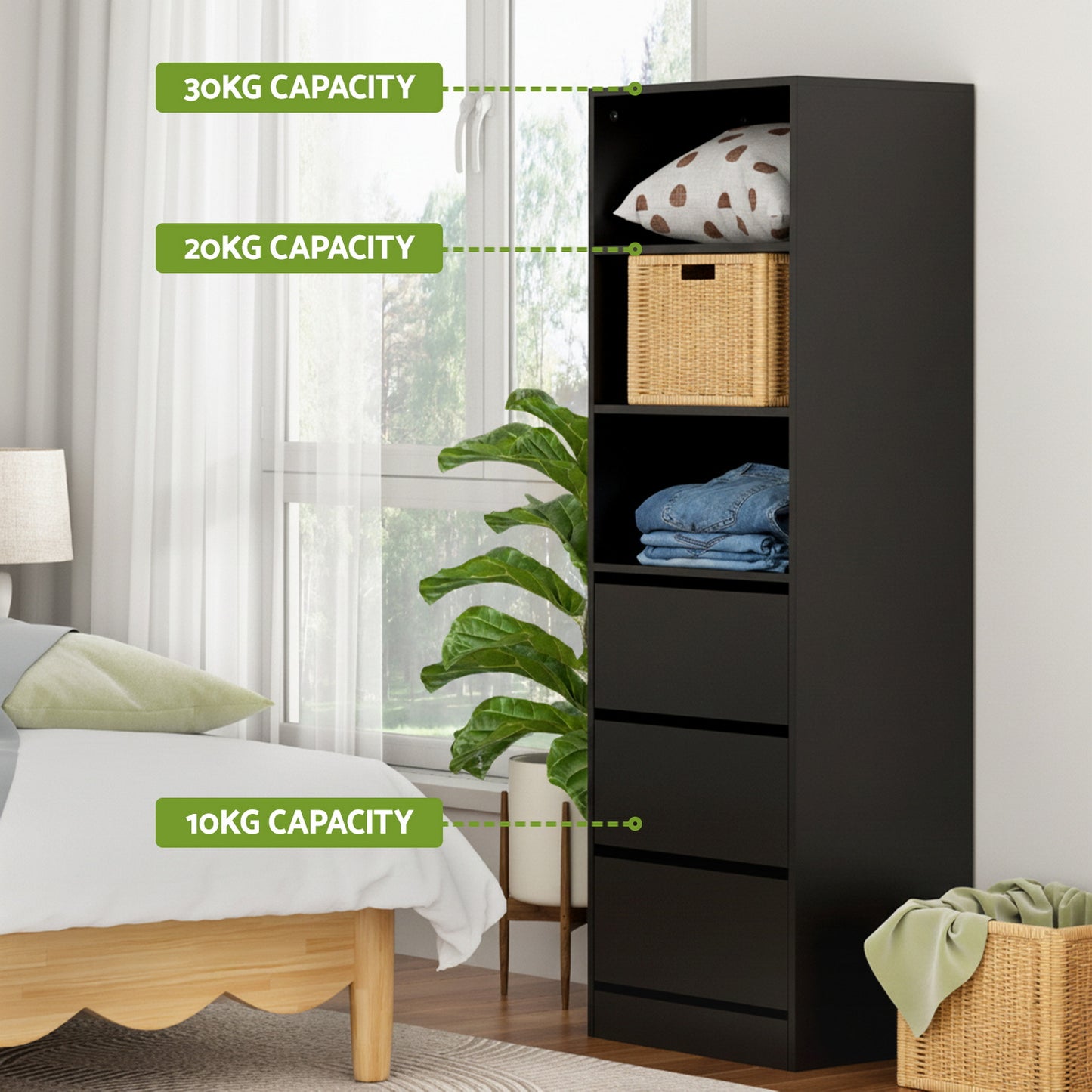 Chest of Drawers – 3 Drawers, Black Tallboy Cabinet