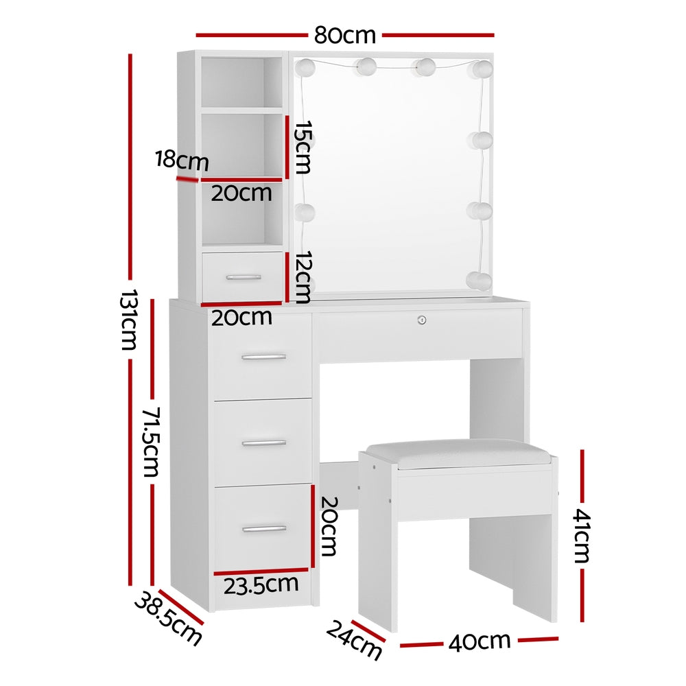 Dylan Dressing Table Set – LED Vanity Mirror, White with Stool