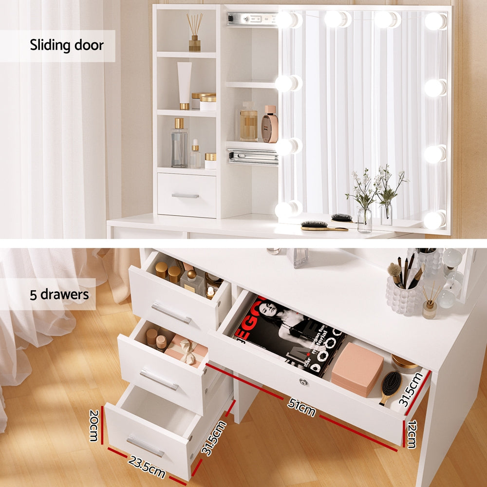 Dylan Dressing Table Set – LED Vanity Mirror, White with Stool