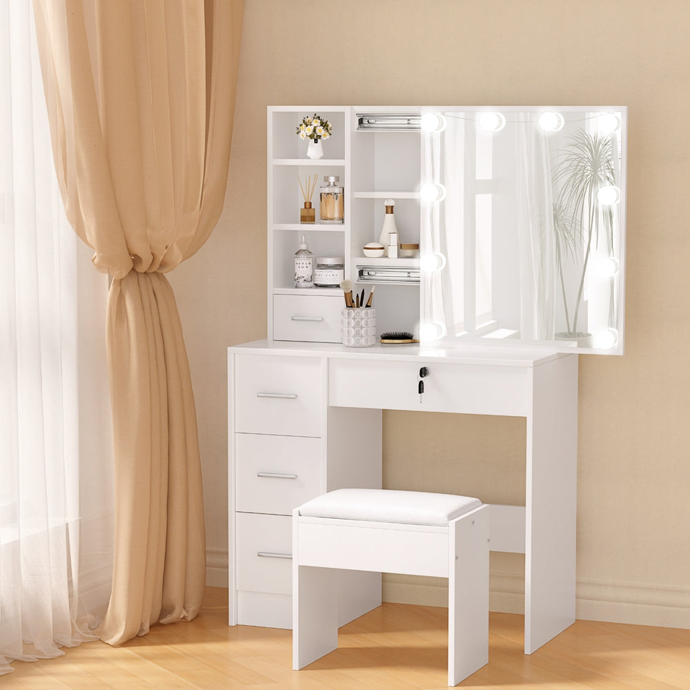 Dylan Dressing Table Set – LED Vanity Mirror, White with Stool