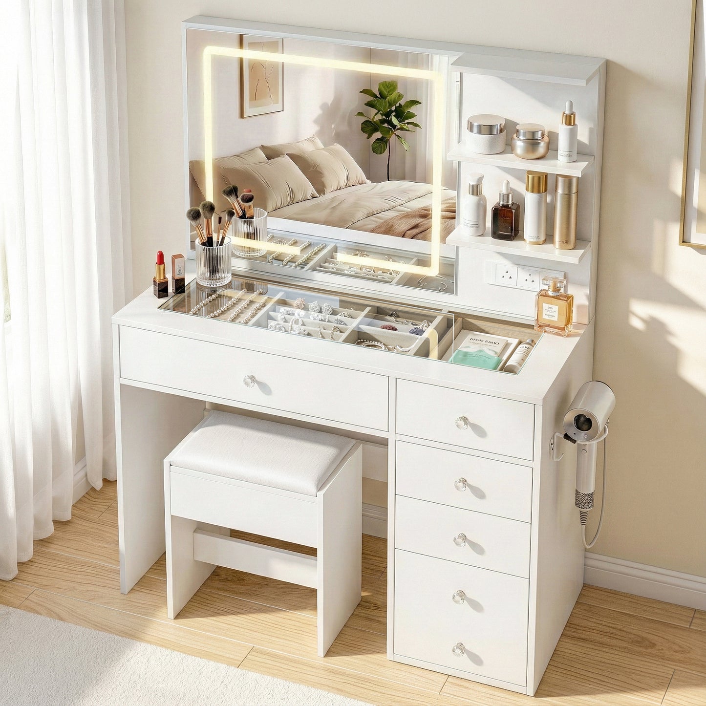 Dressing Table with LED Vanity Mirror and Stool – White