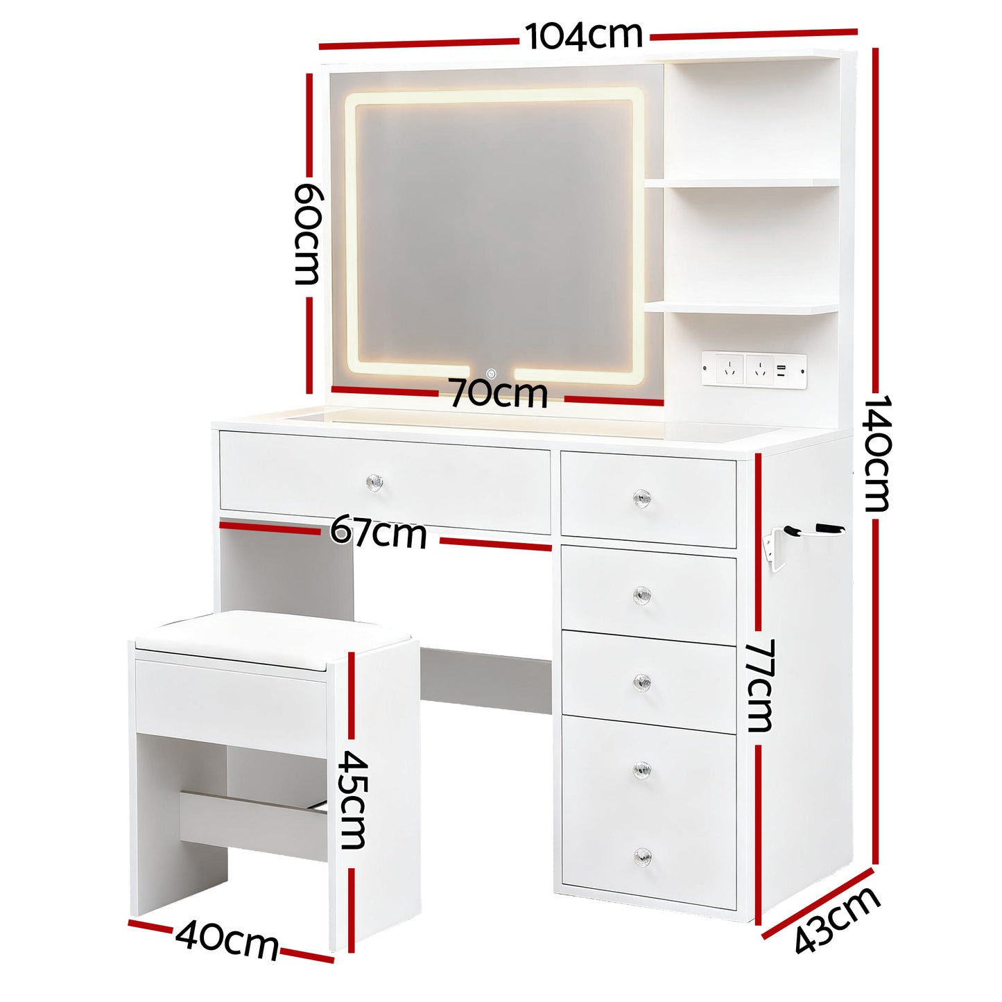 Dressing Table with LED Vanity Mirror and Stool – White