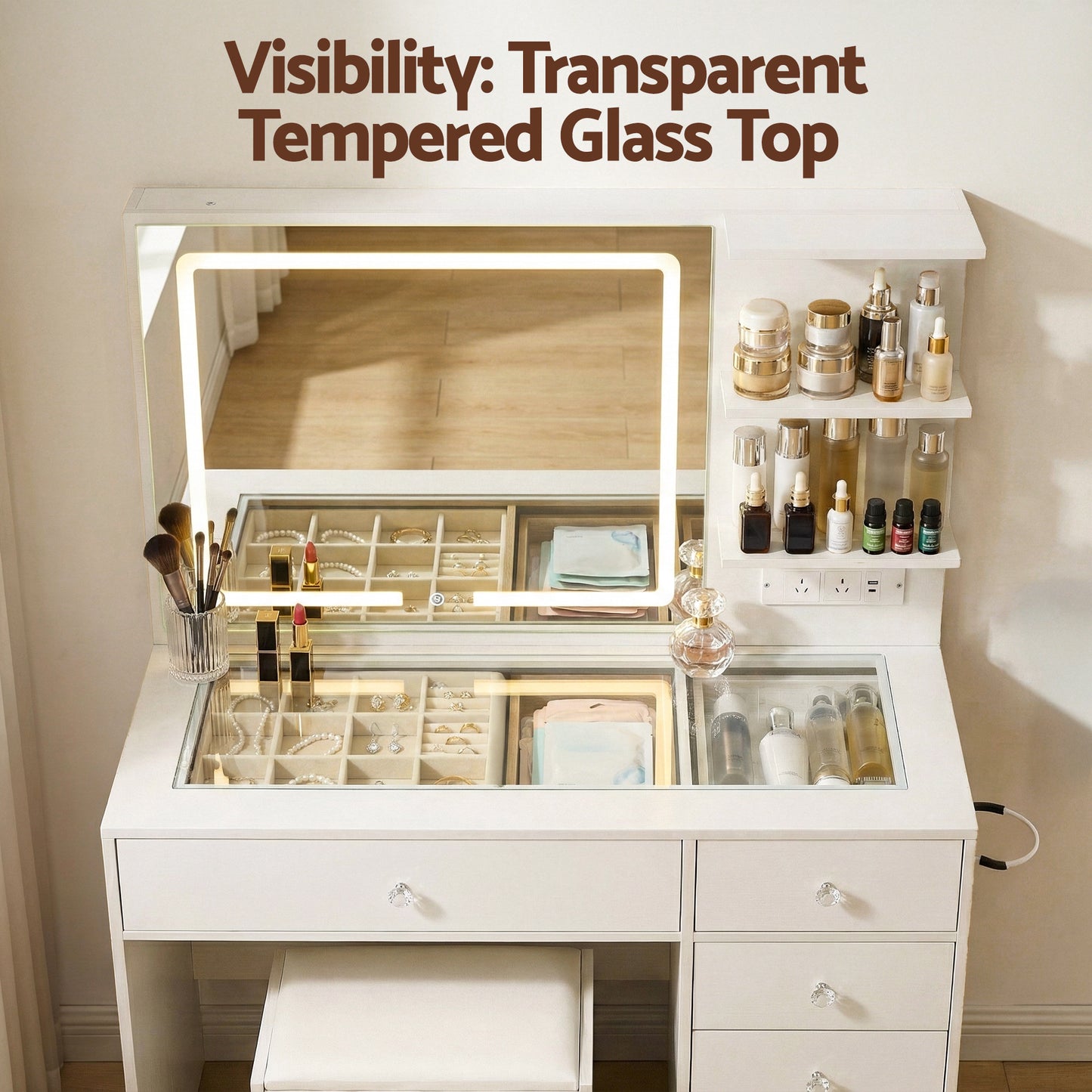Dressing Table with LED Vanity Mirror and Stool – White