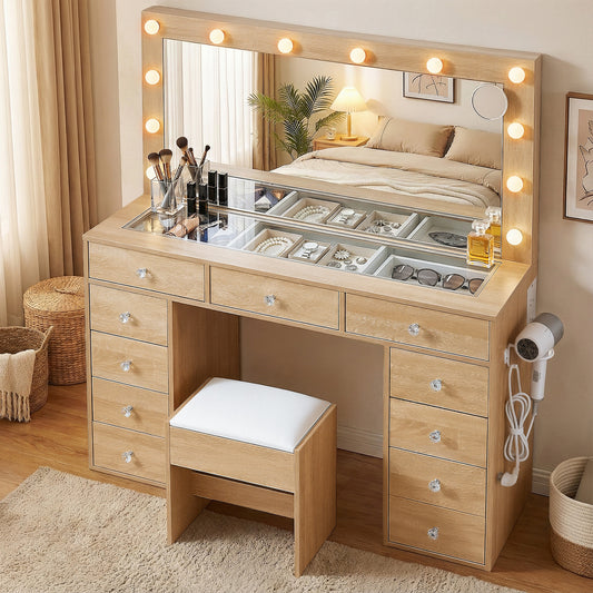 Dressing Table Vanity Desk with LED Bulbs and Stool – Wood Finish