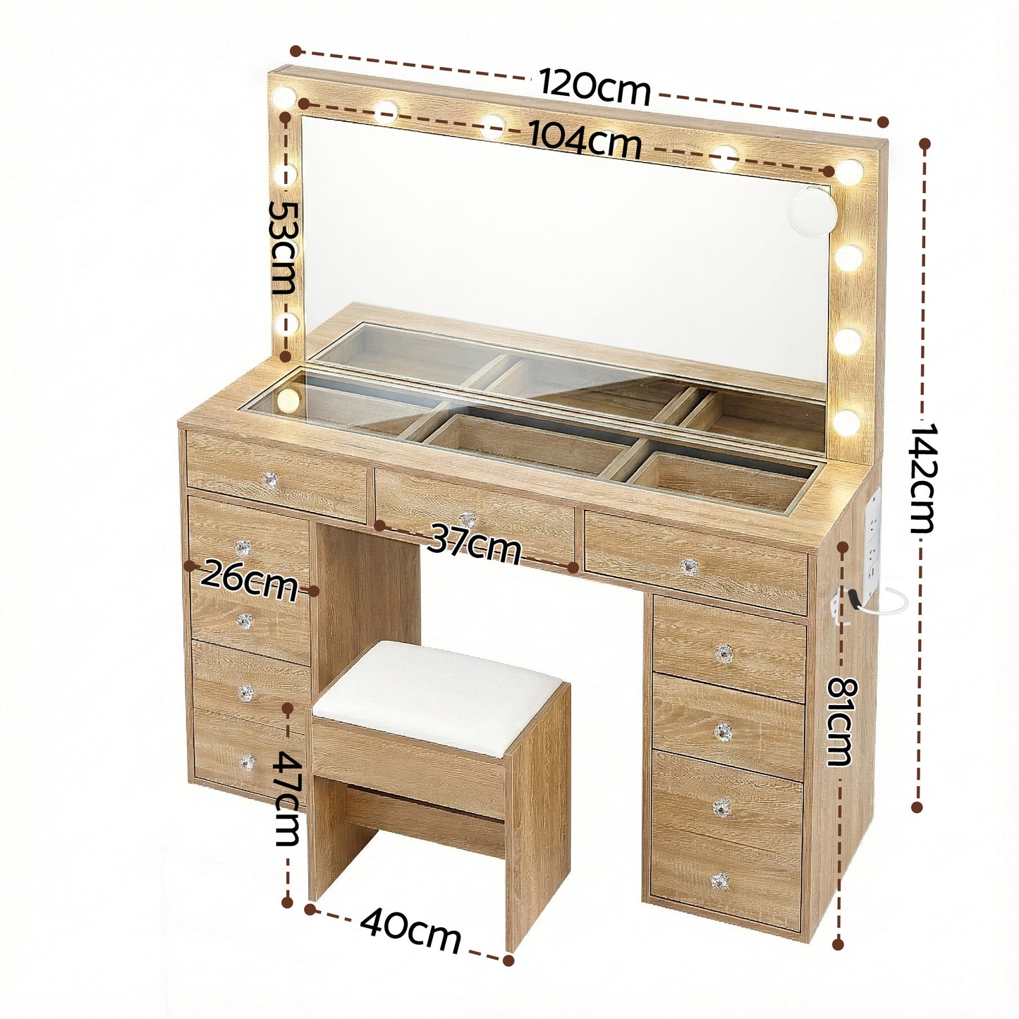 Dressing Table Vanity Desk with LED Bulbs and Stool – Wood Finish