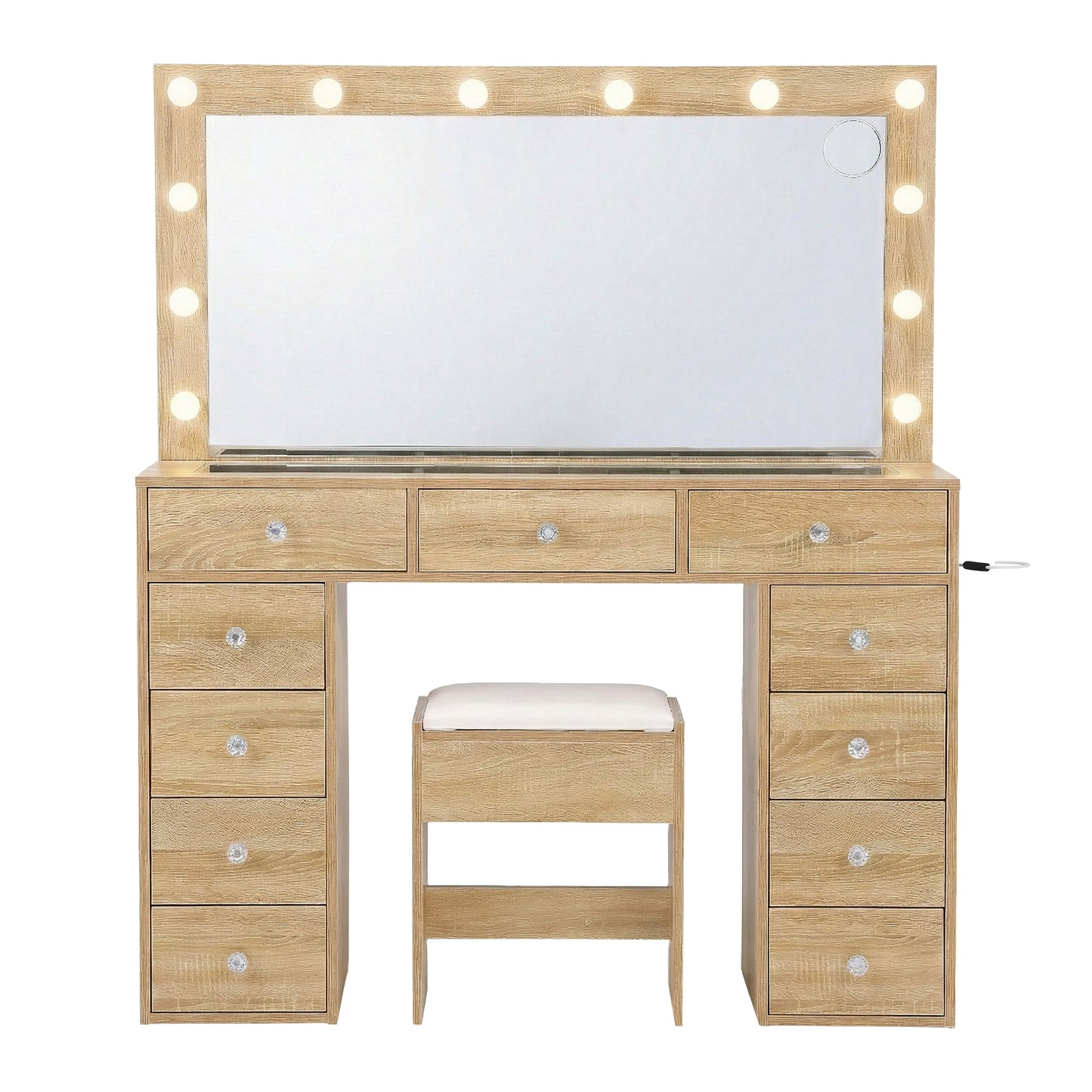 Dressing Table Vanity Desk with LED Bulbs and Stool – Wood Finish