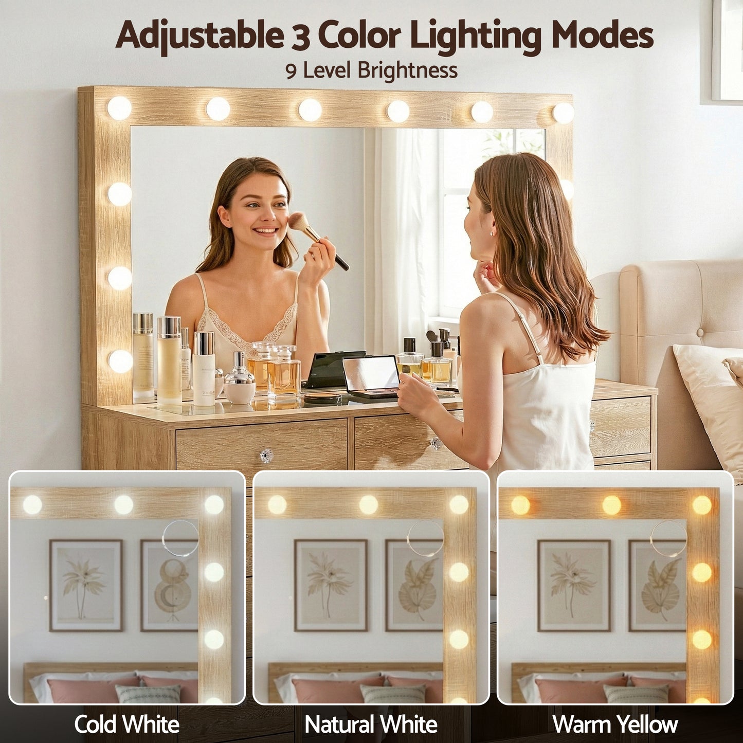 Dressing Table Vanity Desk with LED Bulbs and Stool – Wood Finish
