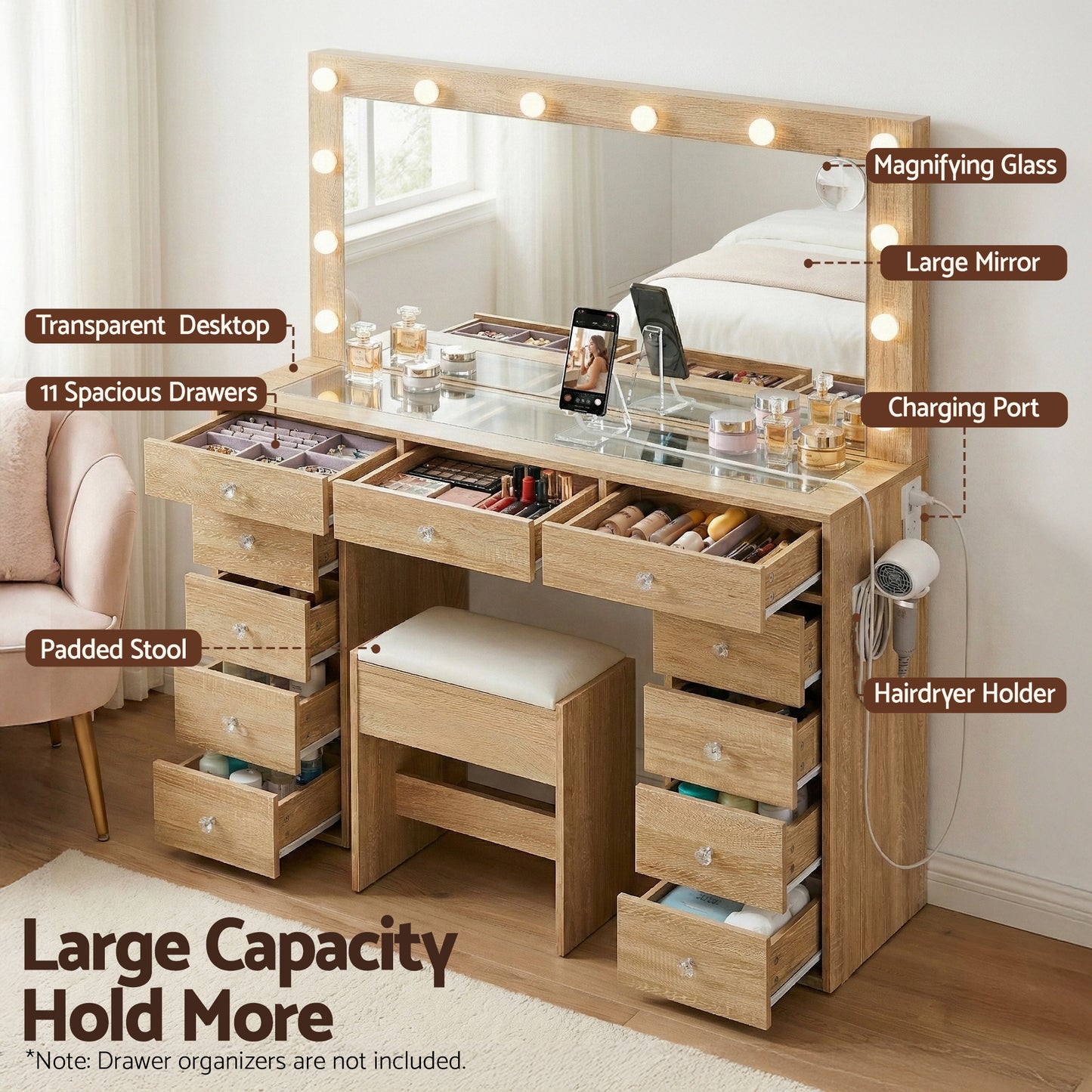 Dressing Table Vanity Desk with LED Bulbs and Stool – Wood Finish