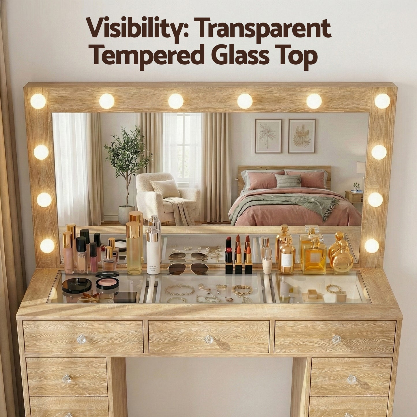 Dressing Table Vanity Desk with LED Bulbs and Stool – Wood Finish