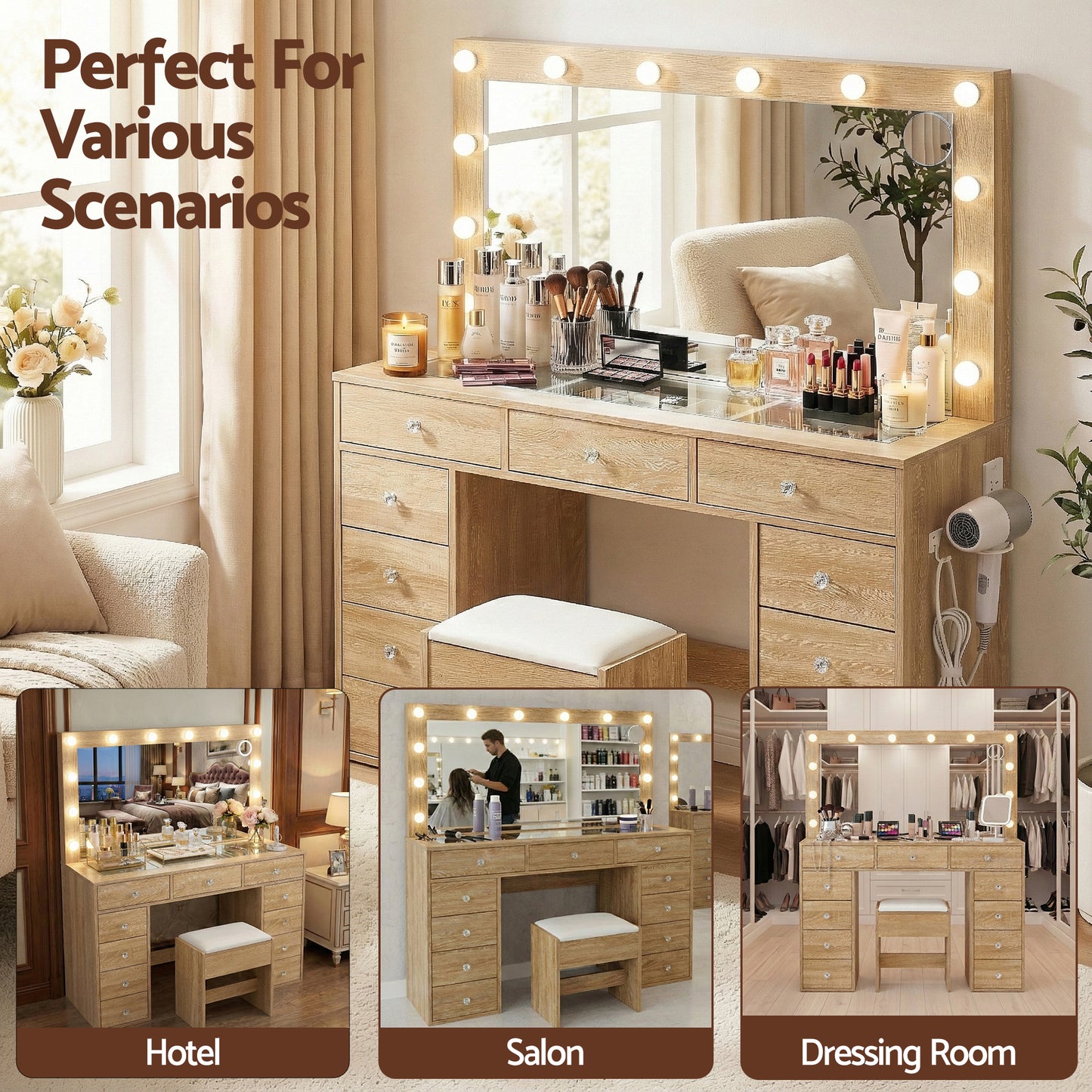 Dressing Table Vanity Desk with LED Bulbs and Stool – Wood Finish