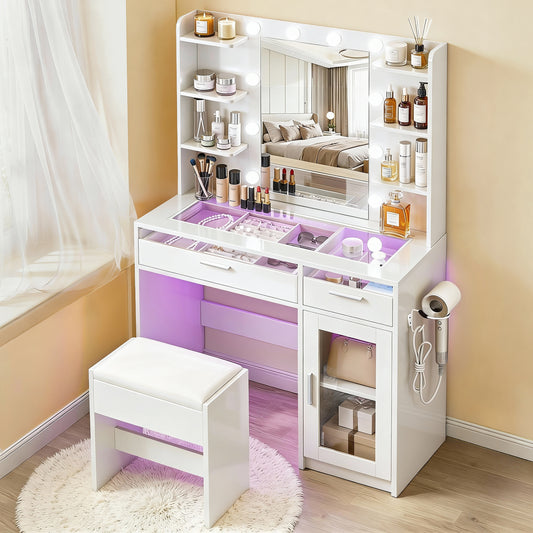 Dressing Table Vanity Desk – LED Mirror with RGB Lighting, White