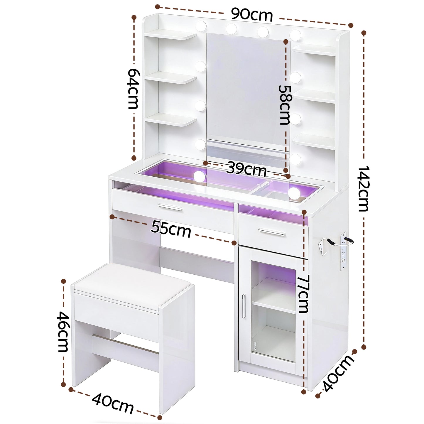 Dressing Table Vanity Desk – LED Mirror with RGB Lighting, White