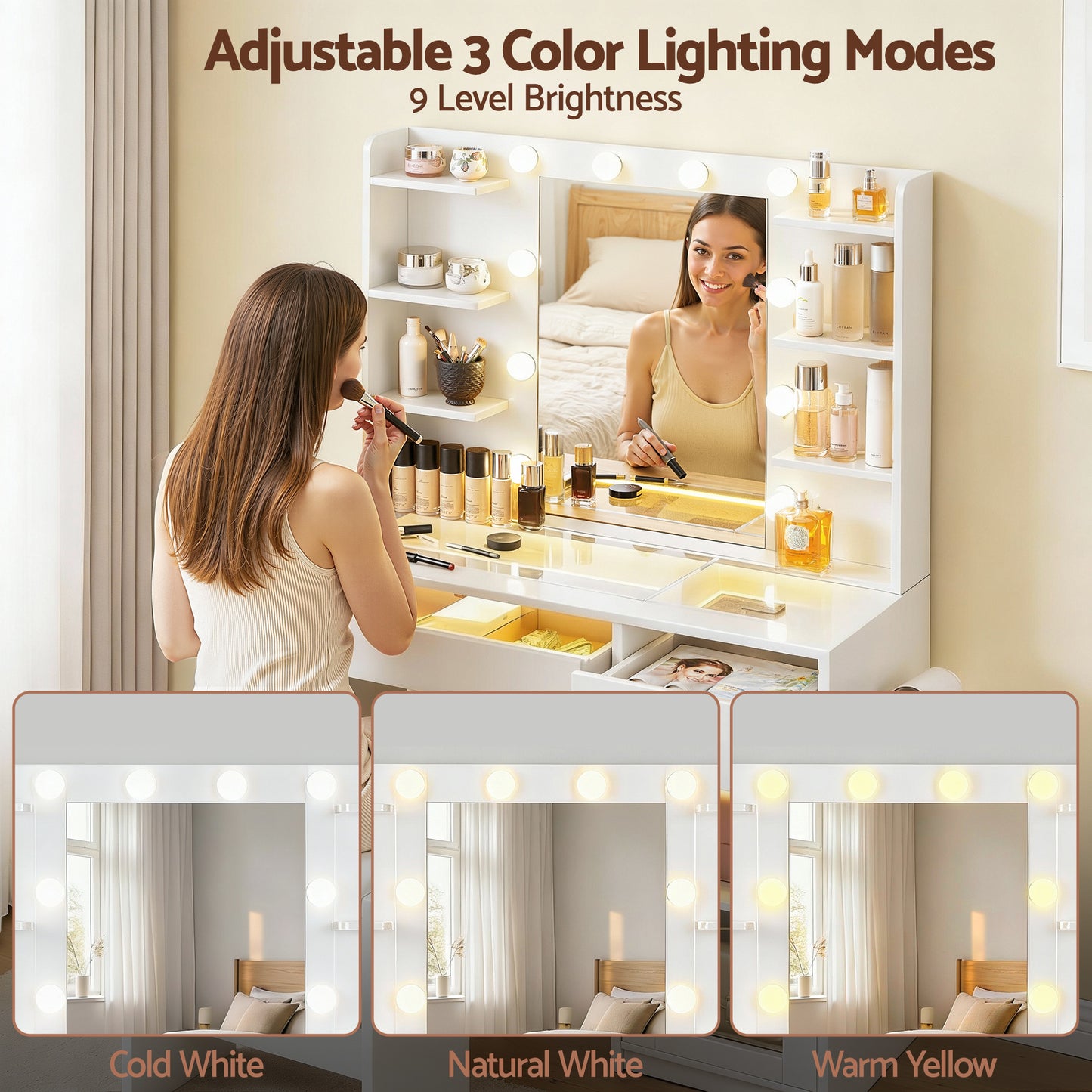 Dressing Table Vanity Desk – LED Mirror with RGB Lighting, White