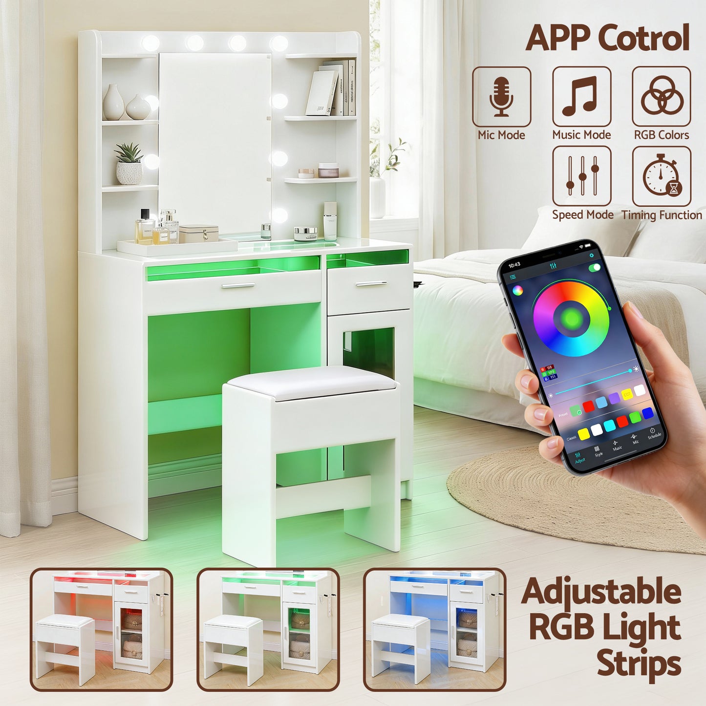 Dressing Table Vanity Desk – LED Mirror with RGB Lighting, White