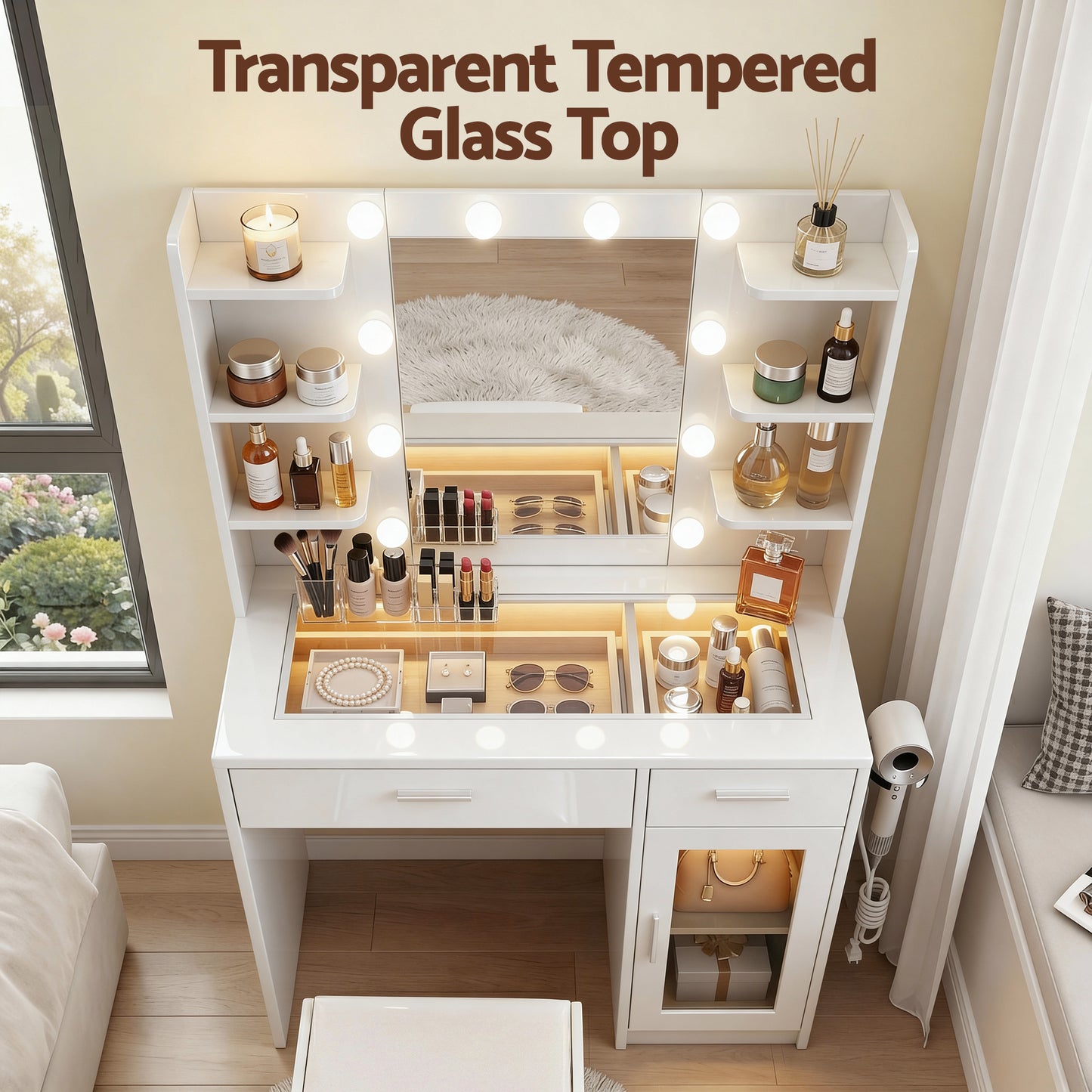 Dressing Table Vanity Desk – LED Mirror with RGB Lighting, White