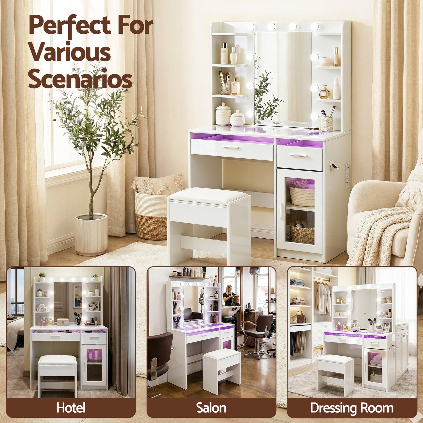 Dressing Table Vanity Desk – LED Mirror with RGB Lighting, White