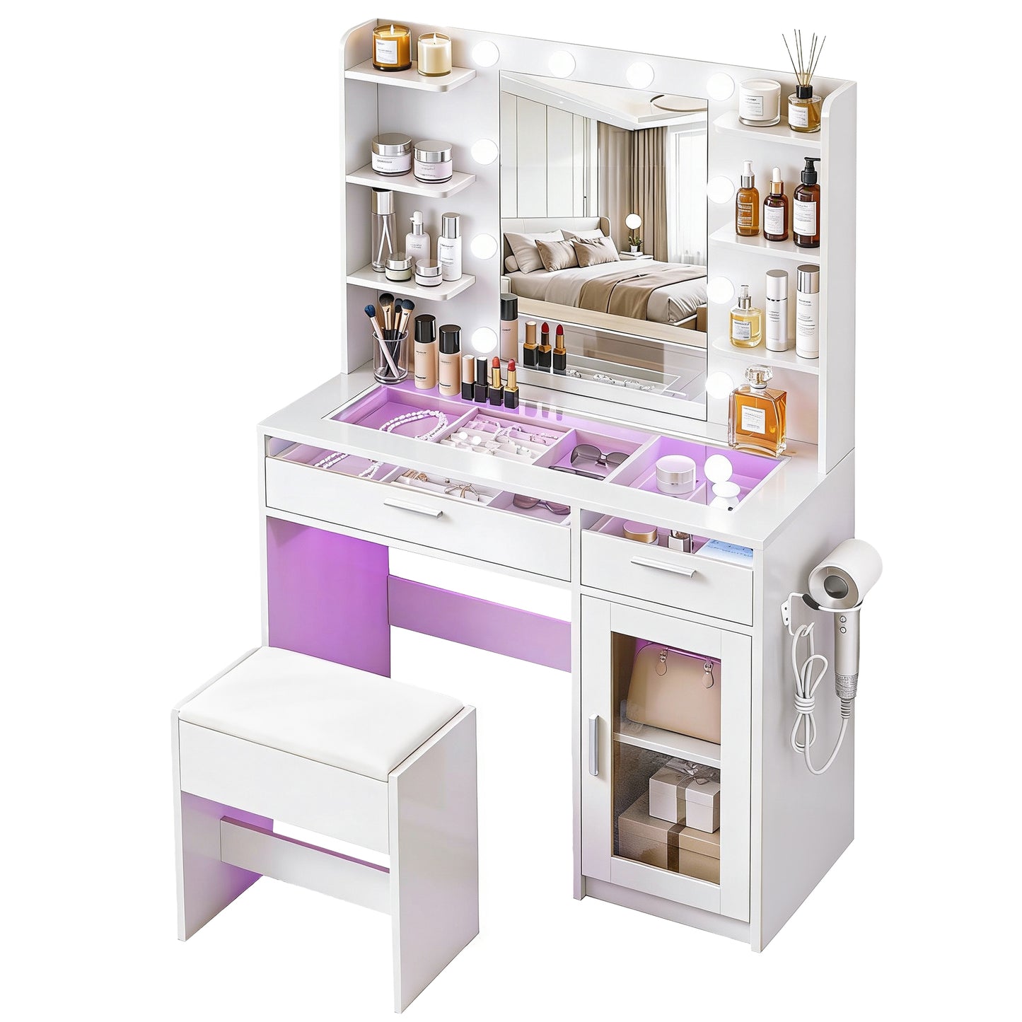 Dressing Table Vanity Desk – LED Mirror with RGB Lighting, White