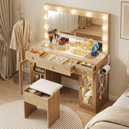 Dressing Table Vanity Desk – LED RGB Lighting, Wood Finish