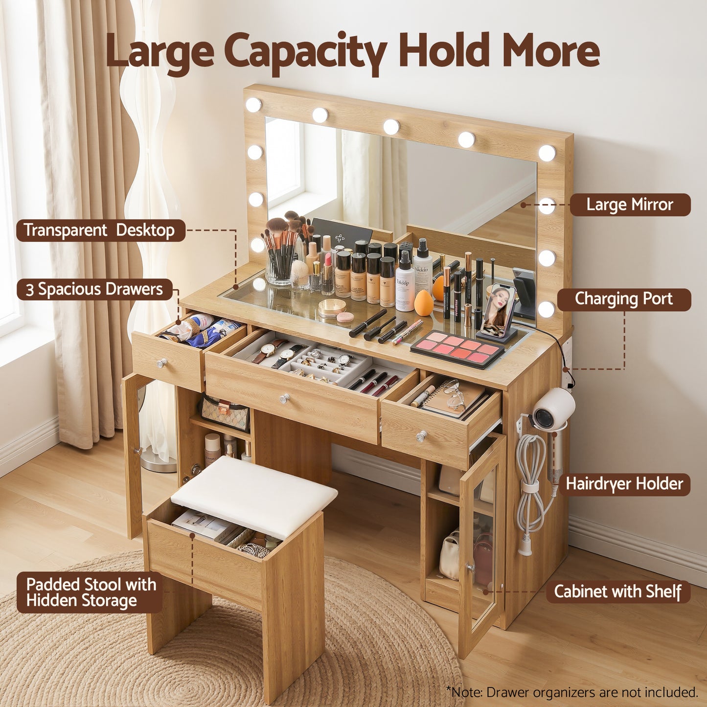 Dressing Table Vanity Desk – LED RGB Lighting, Wood Finish