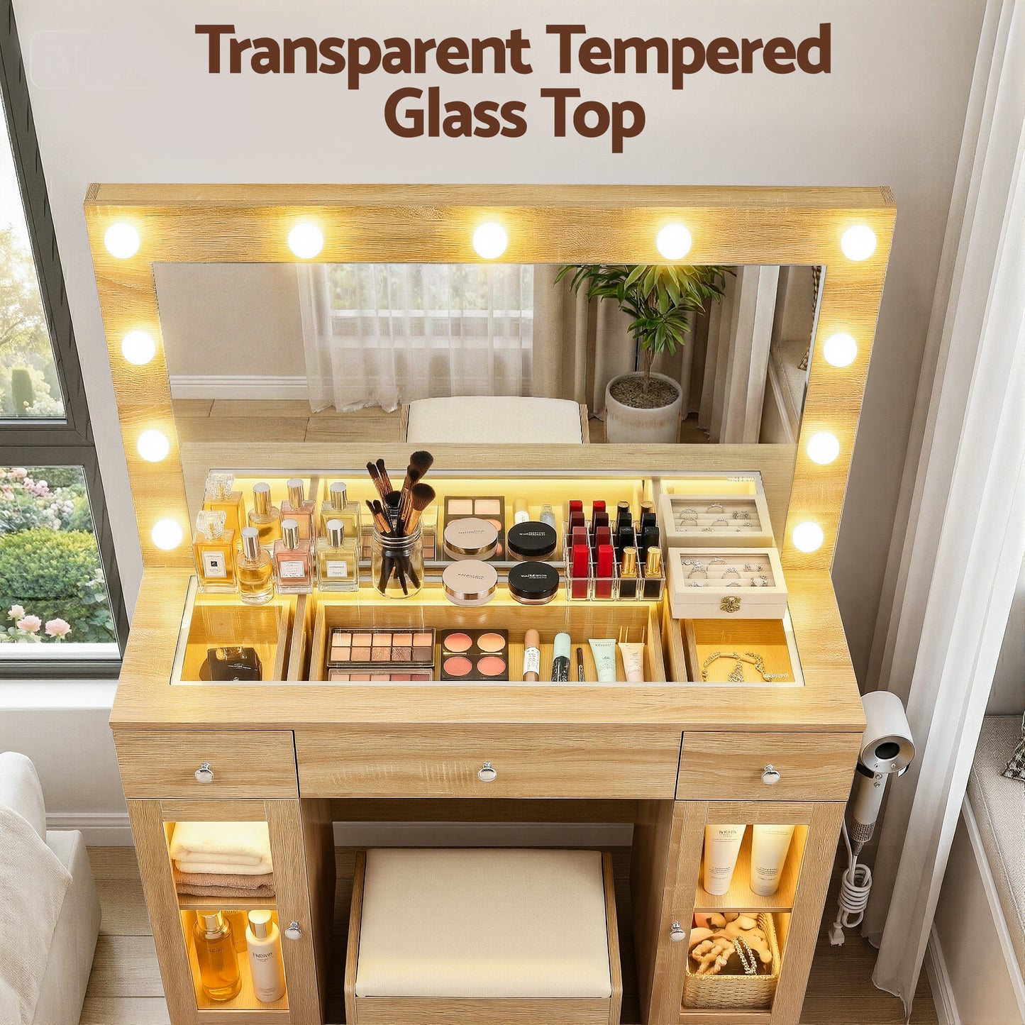 Dressing Table Vanity Desk – LED RGB Lighting, Wood Finish