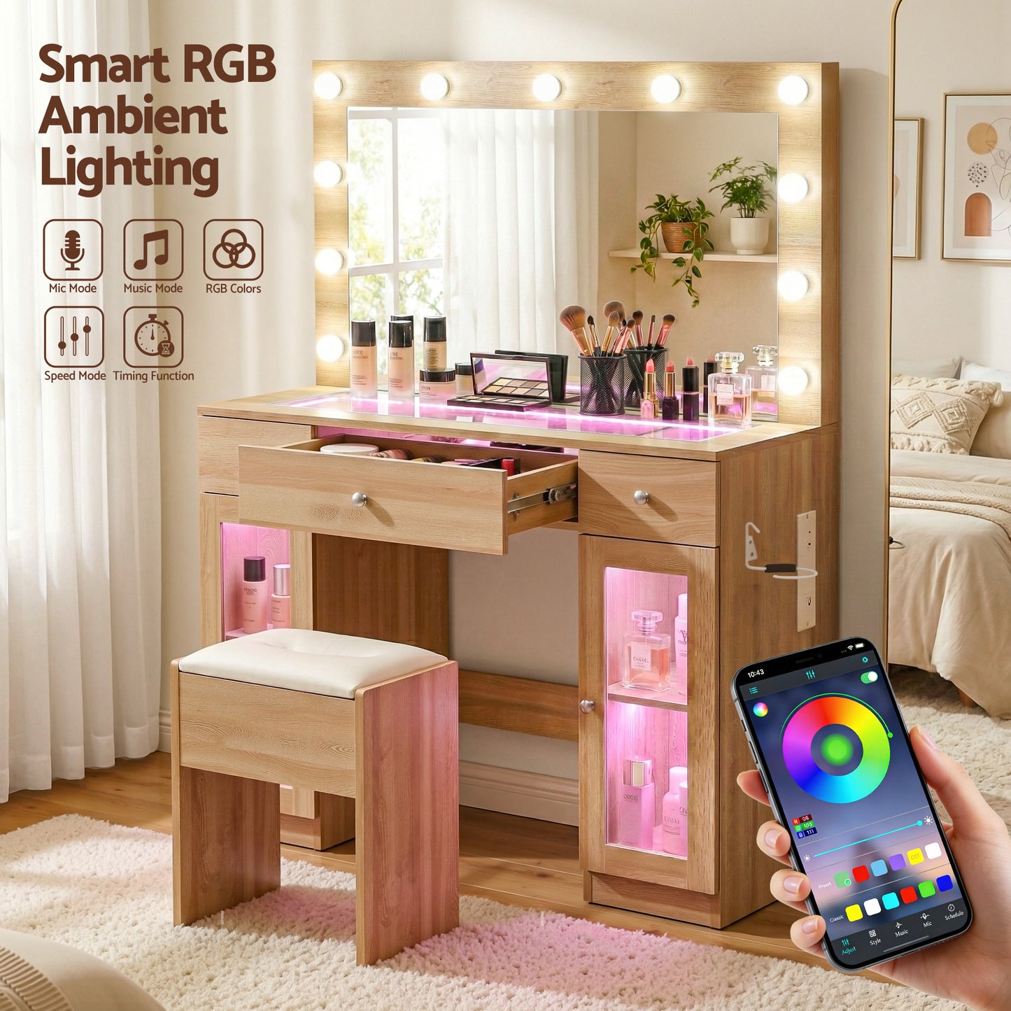 Dressing Table Vanity Desk – LED RGB Lighting, Wood Finish