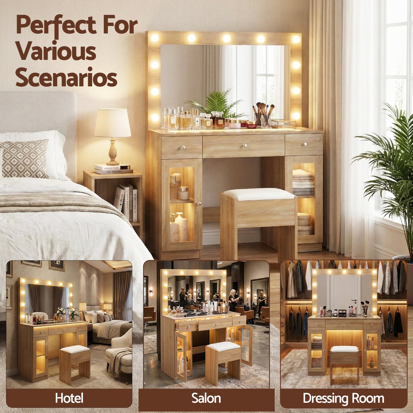 Dressing Table Vanity Desk – LED RGB Lighting, Wood Finish