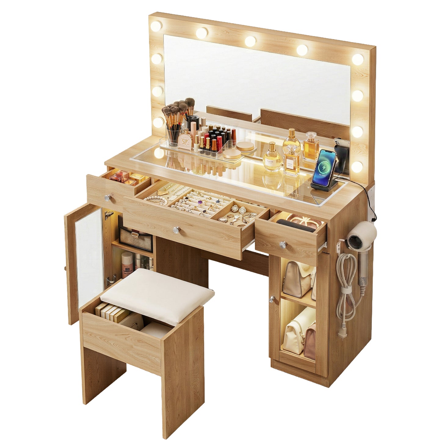 Dressing Table Vanity Desk – LED RGB Lighting, Wood Finish