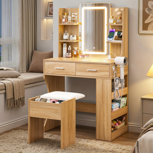 Dressing Table with LED Vanity Mirror and Stool – Wood Finish