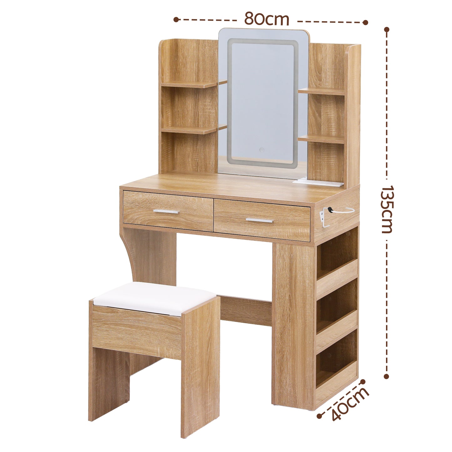 Dressing Table with LED Vanity Mirror and Stool – Wood Finish