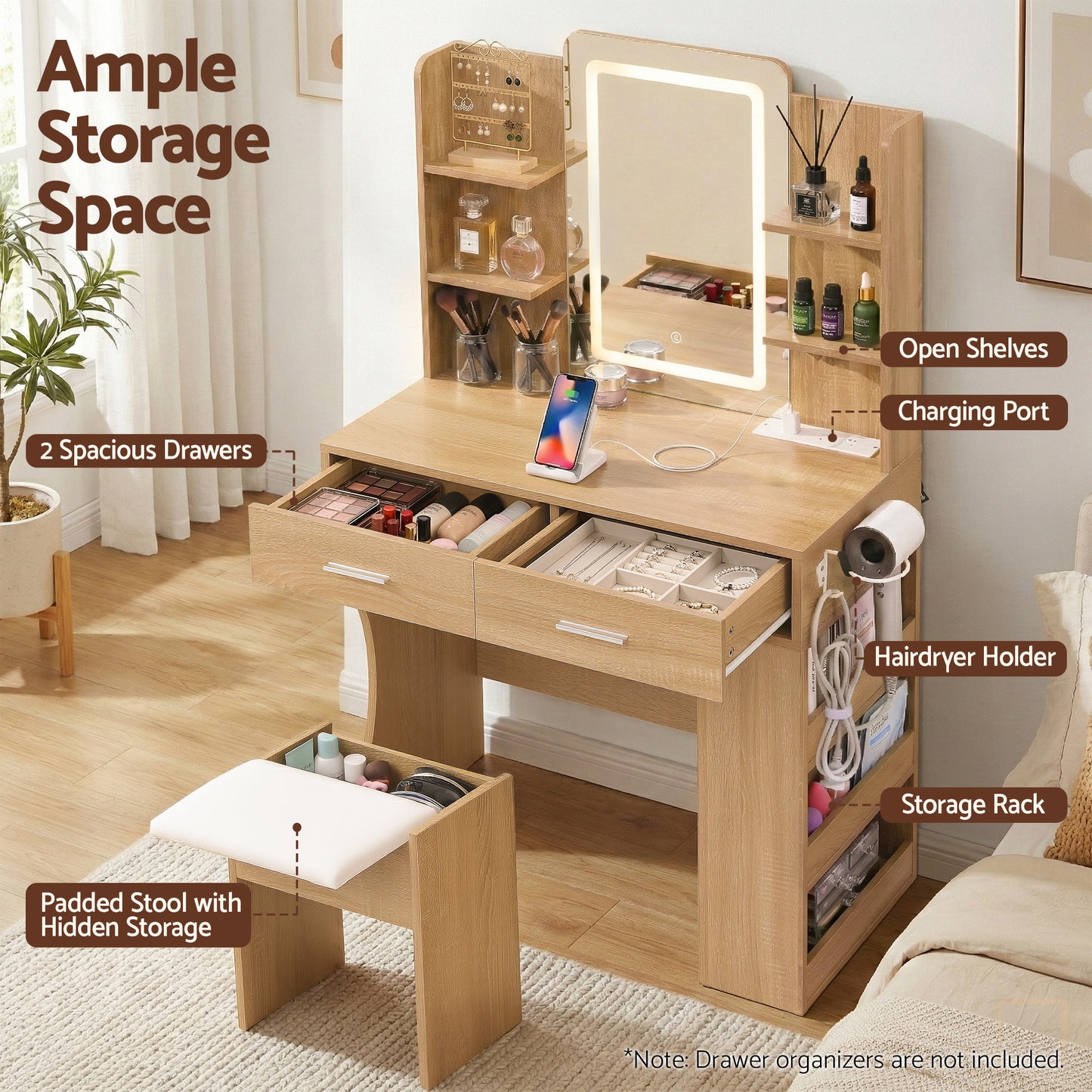 Dressing Table with LED Vanity Mirror and Stool – Wood Finish