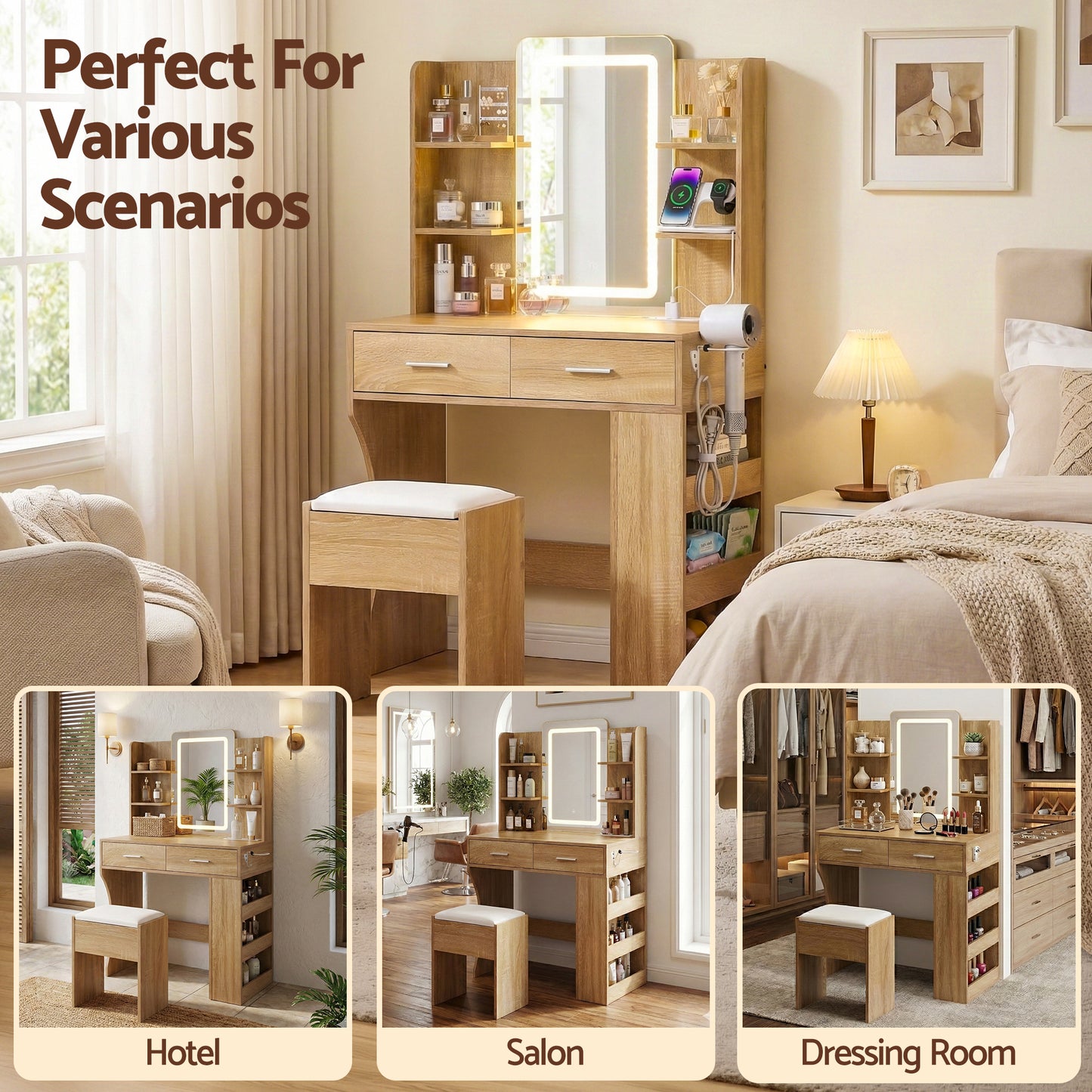 Dressing Table with LED Vanity Mirror and Stool – Wood Finish