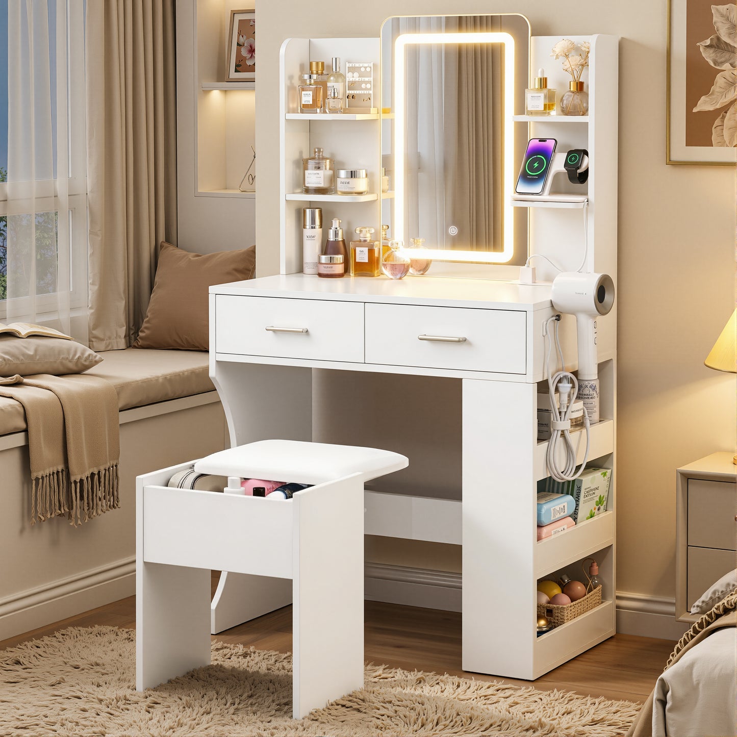 Dressing Table with LED Vanity Mirror and Stool – White