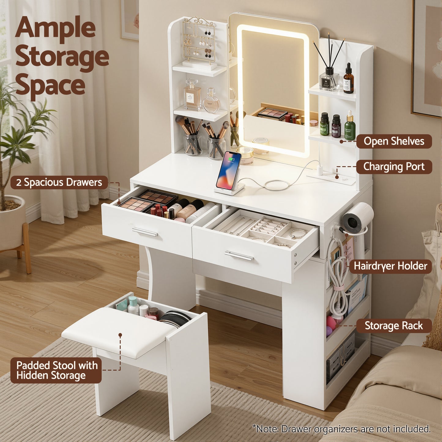 Dressing Table with LED Vanity Mirror and Stool – White