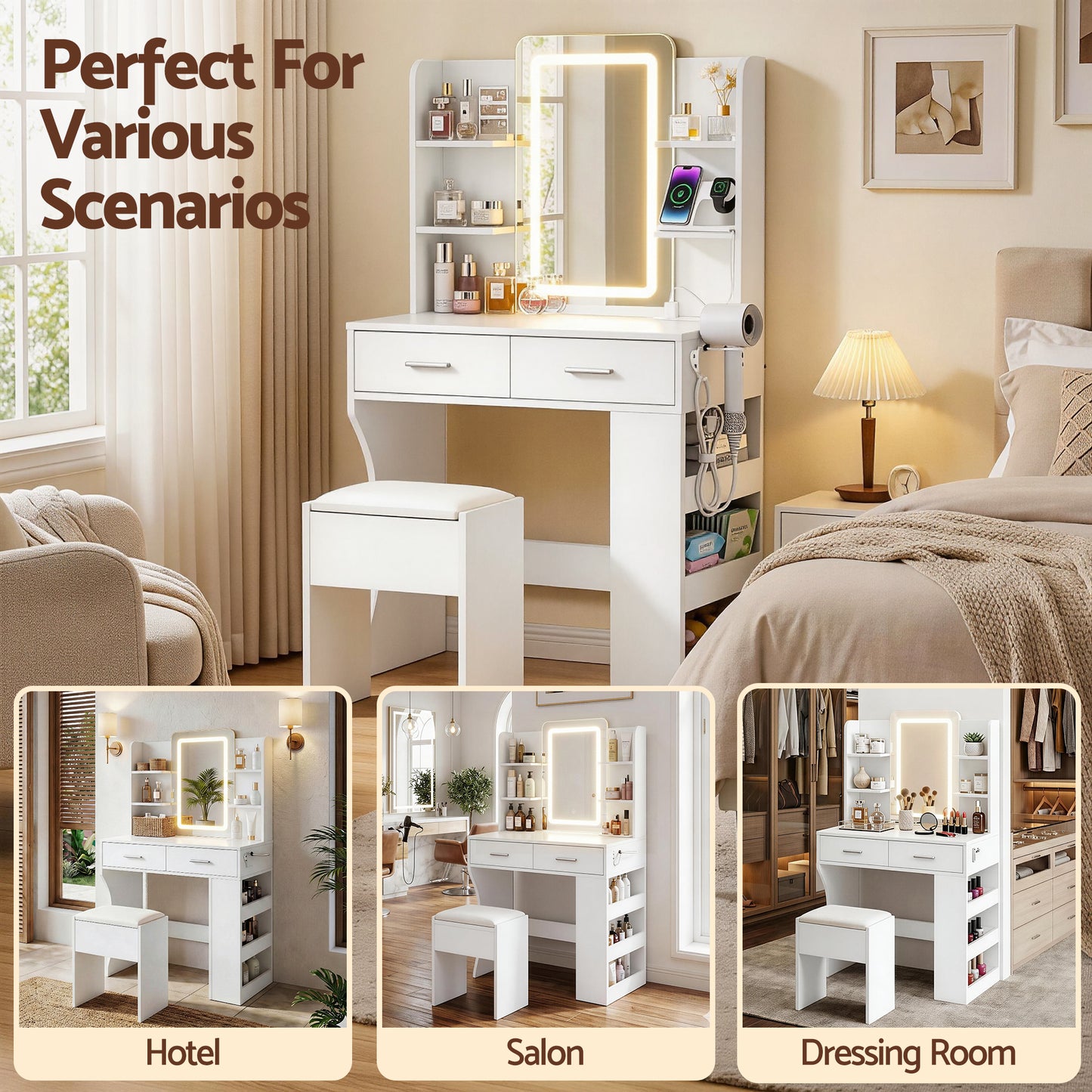 Dressing Table with LED Vanity Mirror and Stool – White