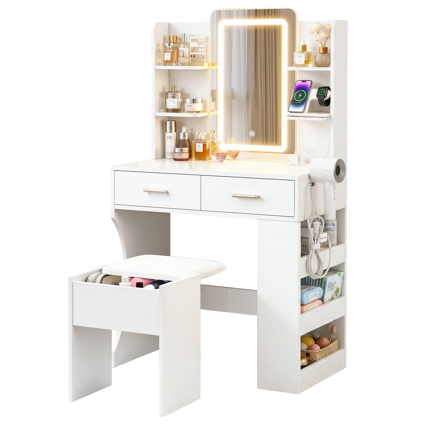 Dressing Table with LED Vanity Mirror and Stool – White