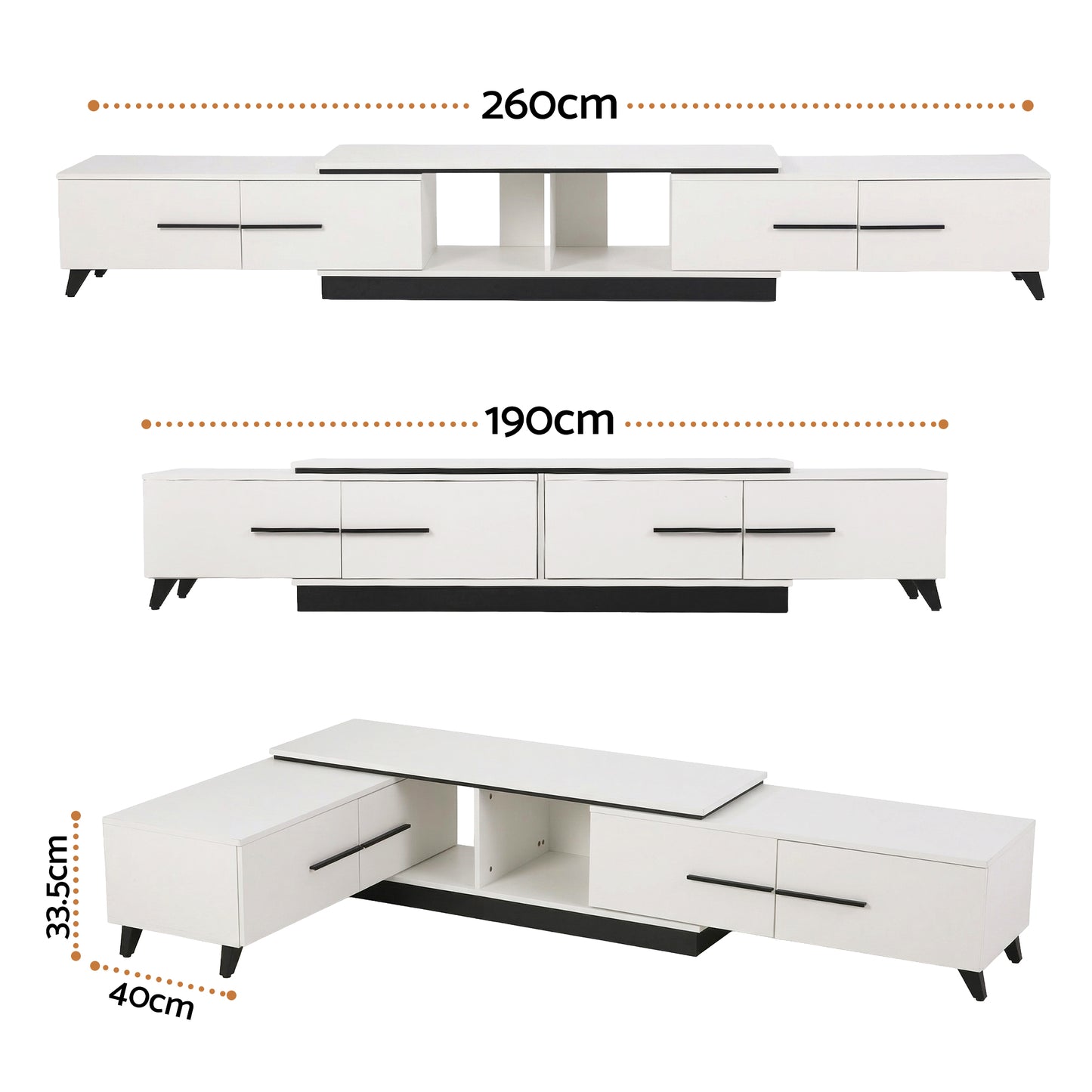 Extendable TV Cabinet – White, Adjustable Length 190-260cm