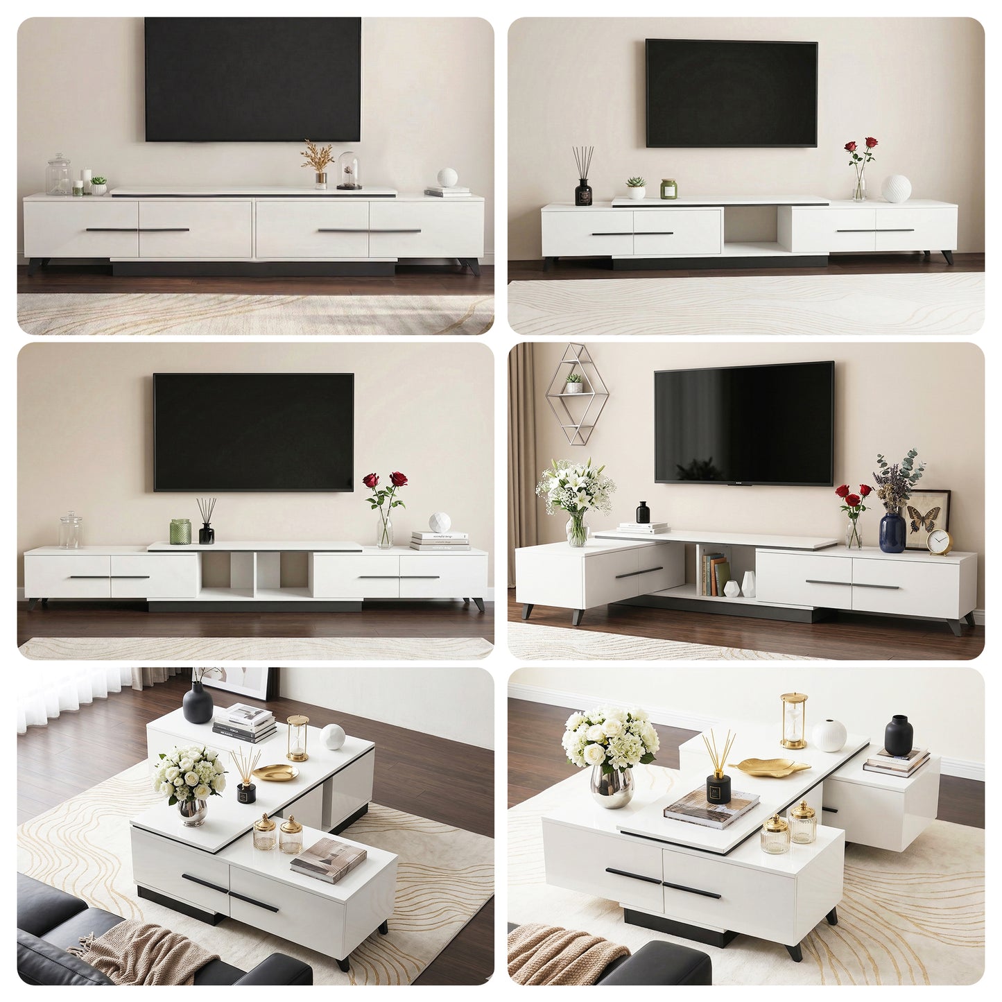 Extendable TV Cabinet – White, Adjustable Length 190-260cm