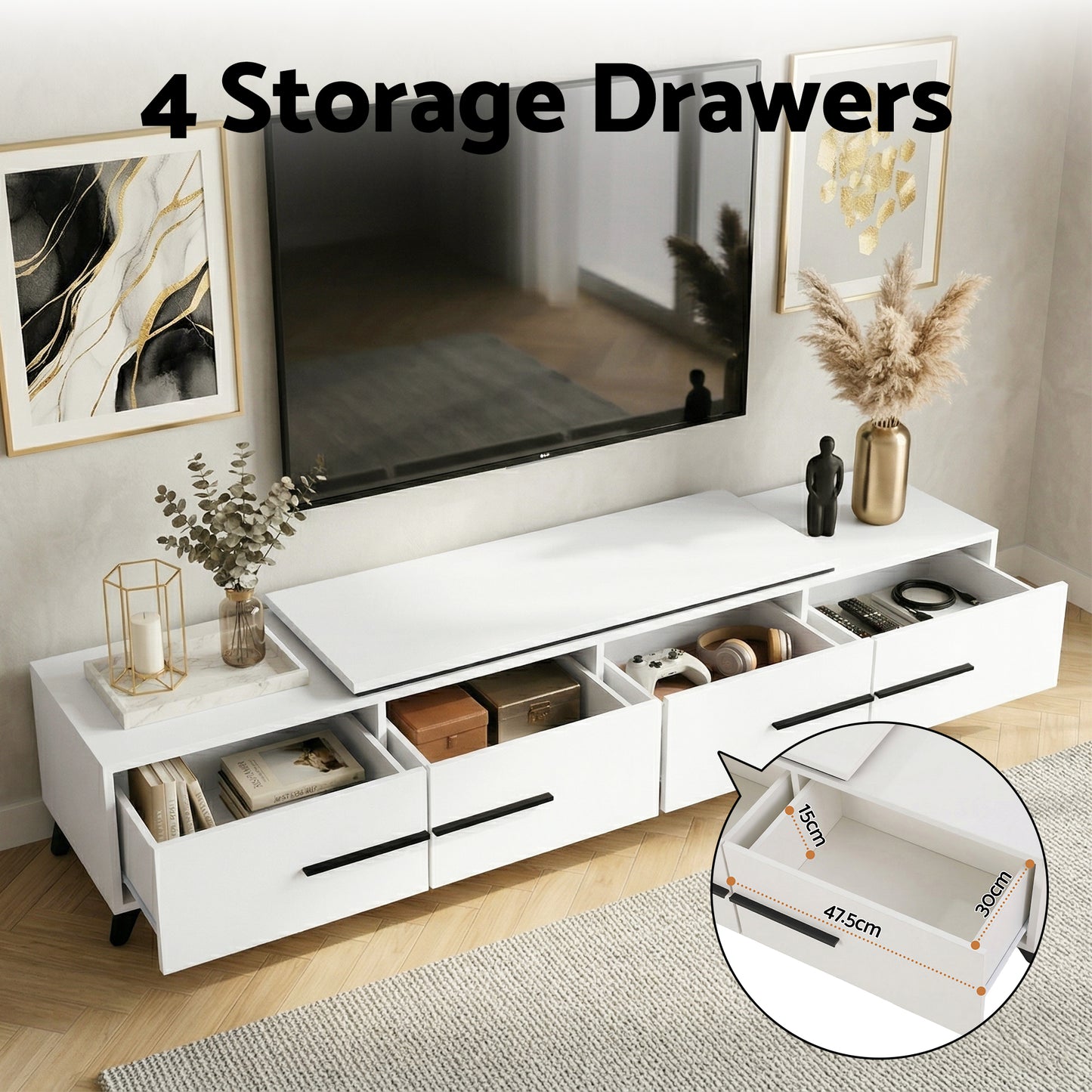 Extendable TV Cabinet – White, Adjustable Length 190-260cm