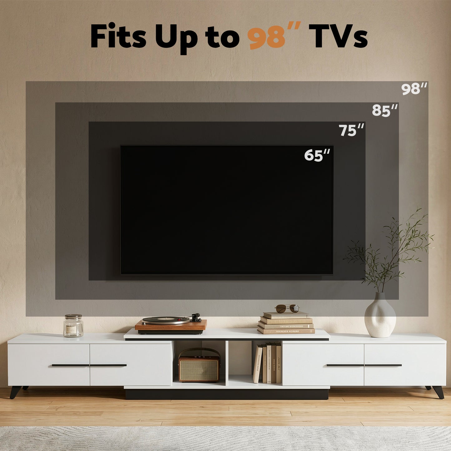 Extendable TV Cabinet – White, Adjustable Length 190-260cm
