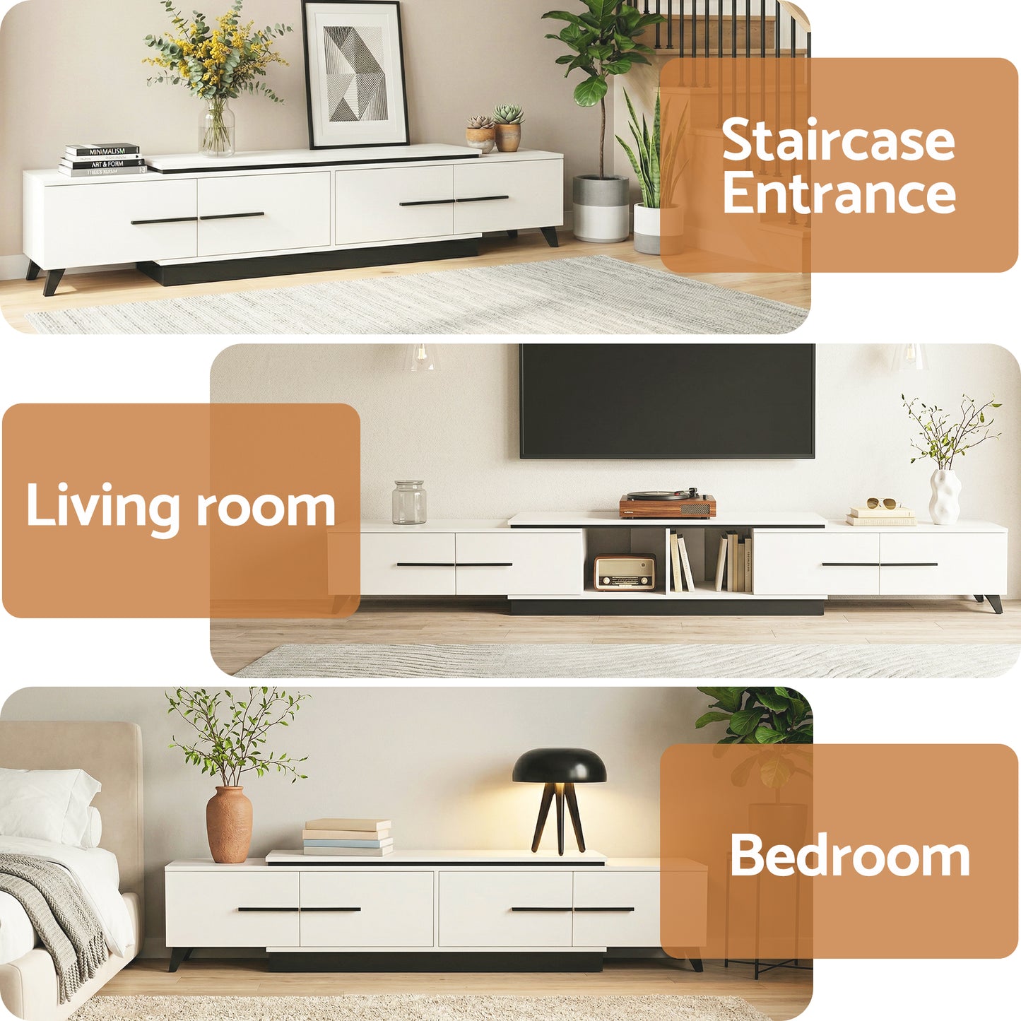 Extendable TV Cabinet – White, Adjustable Length 190-260cm