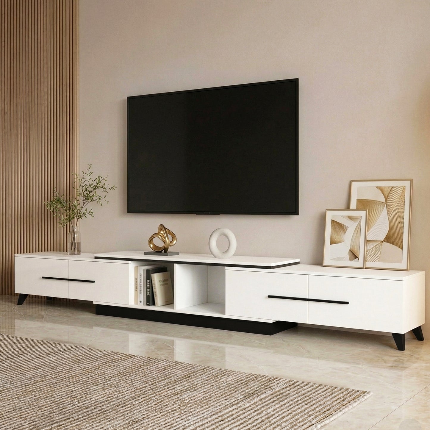 Extendable TV Cabinet – White, Adjustable Length 190-260cm
