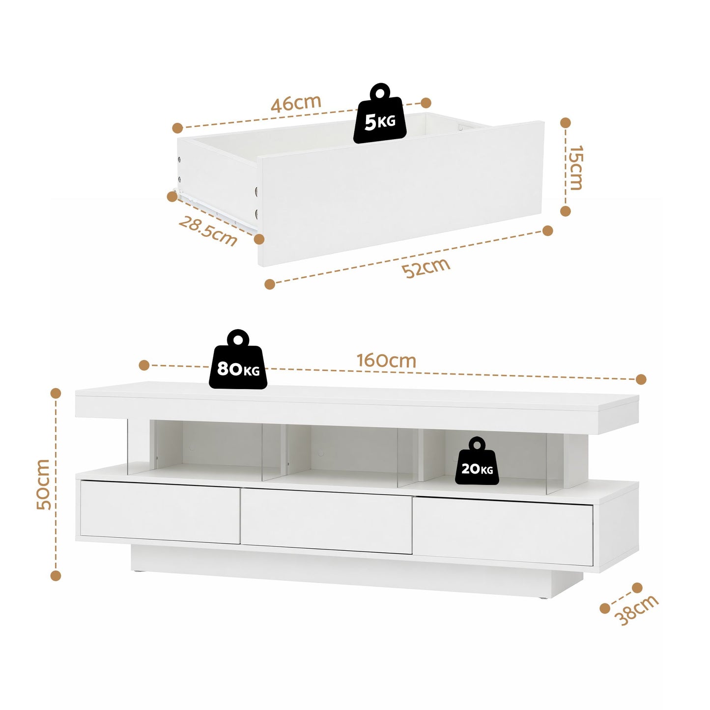 TWSC TV Unit LED 160CM Storage Drawer White