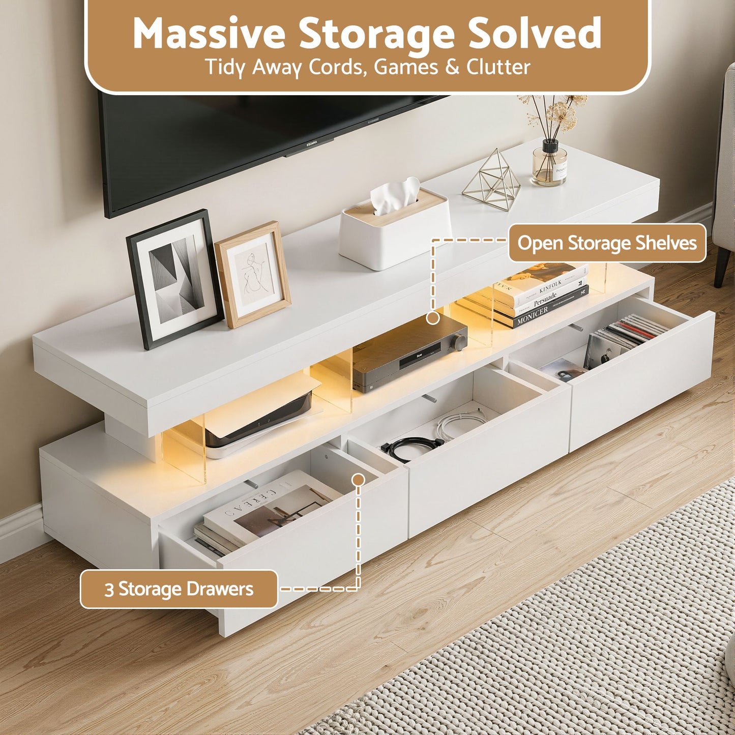 TWSC TV Unit LED 160CM Storage Drawer White