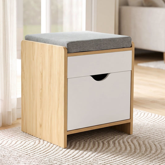 TWSC Storage Ottoman with Drawer 100kg Capacity Footrest Cushion Oak