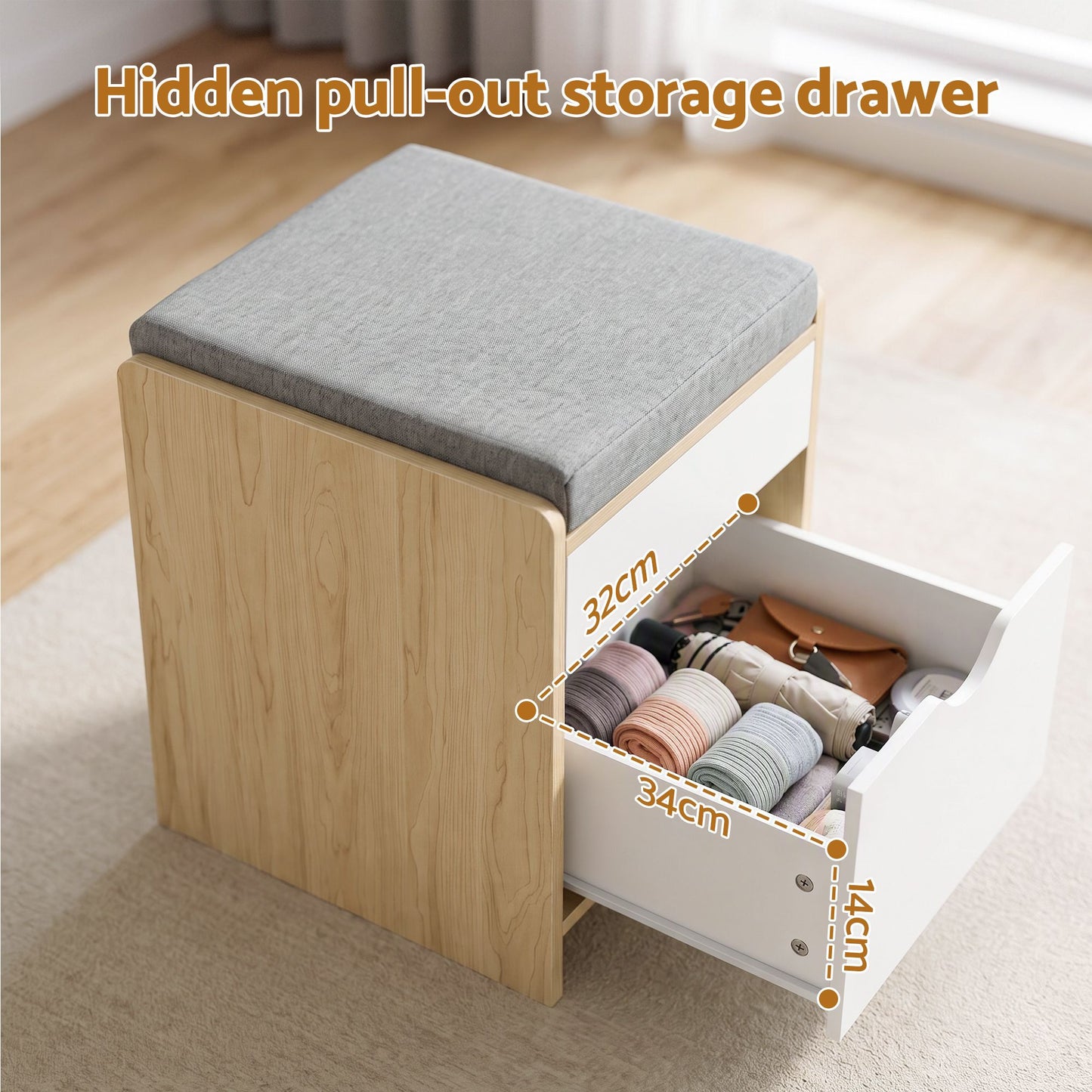 TWSC Storage Ottoman with Drawer 100kg Capacity Footrest Cushion Pine